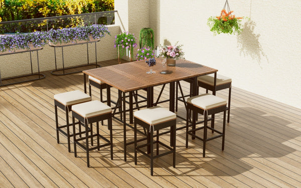 HomeRoots Nine-Piece Natural and Black Wood Dining Set with Eight Stylish Chairs for Elevated Gatherings 623373
