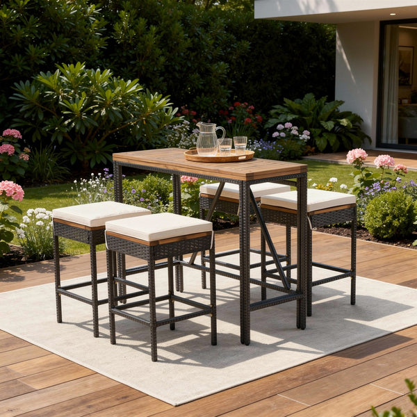 HomeRoots Five-Piece Natural and Black Wood Dining Set: Elegant Outdoor Table and Four Comfortable Chairs 623374