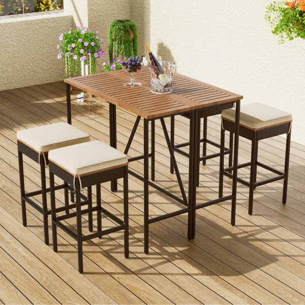 HomeRoots Five-Piece Natural and Black Wood Dining Set: Elegant Outdoor Table and Four Comfortable Chairs 623374