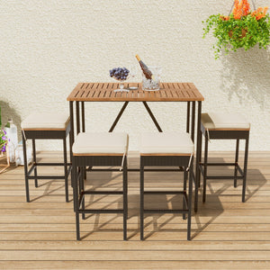 HomeRoots Five-Piece Natural and Black Wood Dining Set: Elegant Outdoor Table and Four Comfortable Chairs 623374