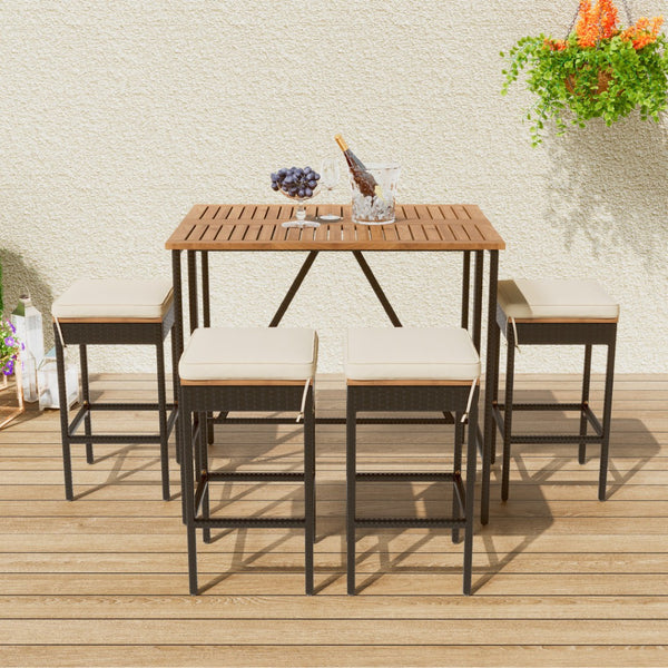 HomeRoots Five-Piece Natural and Black Wood Dining Set: Elegant Outdoor Table and Four Comfortable Chairs 623374