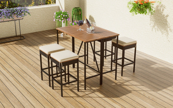HomeRoots Five-Piece Natural and Black Wood Dining Set: Elegant Outdoor Table and Four Comfortable Chairs 623374