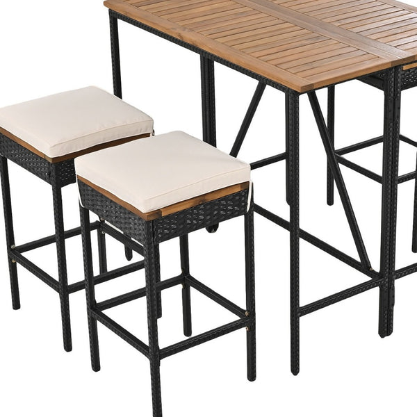 HomeRoots Five-Piece Natural and Black Wood Dining Set: Elegant Outdoor Table and Four Comfortable Chairs 623374