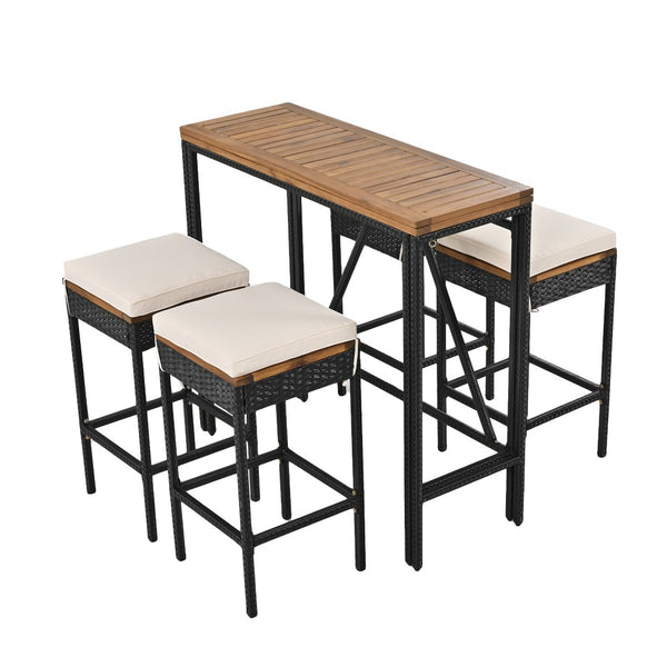 HomeRoots Five-Piece Natural and Black Wood Dining Set: Elegant Outdoor Table and Four Comfortable Chairs 623374