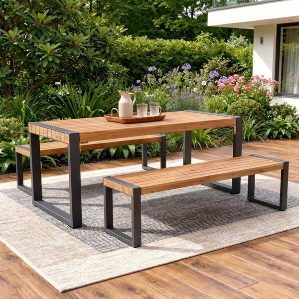 HomeRoots Three Piece Natural and Black Wood Dining Set - Stylish Table with Two Chairs for Cozy Spaces 623375