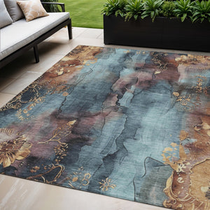 HomeRoots 5' Stylish Blue and Gold Floral Washable Area Rug for Indoor and Outdoor Spaces, Easy Care Design 5' X 8' 623378