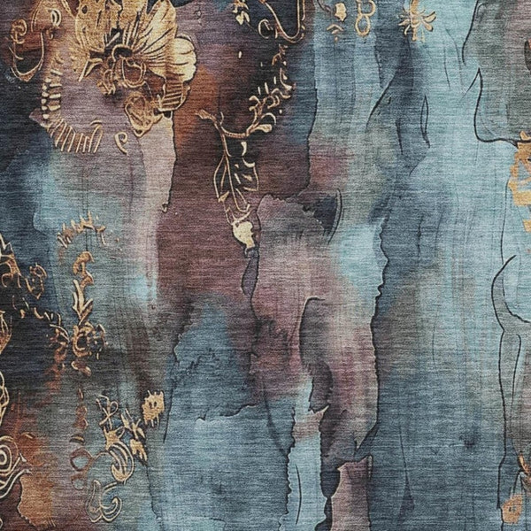 HomeRoots 5' Stylish Blue and Gold Floral Washable Area Rug for Indoor and Outdoor Spaces, Easy Care Design 5' X 8' 623378