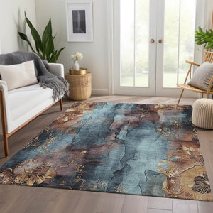 HomeRoots 5' Stylish Blue and Gold Floral Washable Area Rug for Indoor and Outdoor Spaces, Easy Care Design 5' X 8' 623378