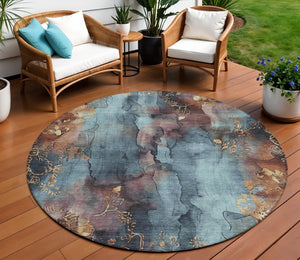 HomeRoots 5' Stylish Blue and Gold Floral Washable Area Rug for Indoor and Outdoor Spaces, Easy Care Design 8' Round 623379