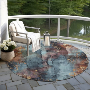 HomeRoots 5' Stylish Blue and Gold Floral Washable Area Rug for Indoor and Outdoor Spaces, Easy Care Design 8' Round 623379