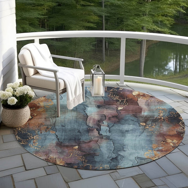 HomeRoots 5' Stylish Blue and Gold Floral Washable Area Rug for Indoor and Outdoor Spaces, Easy Care Design 8' Round 623379