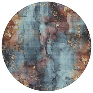 HomeRoots 5' Stylish Blue and Gold Floral Washable Area Rug for Indoor and Outdoor Spaces, Easy Care Design 8' Round 623379