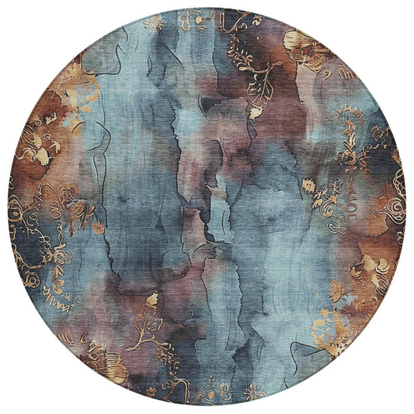 HomeRoots 5' Stylish Blue and Gold Floral Washable Area Rug for Indoor and Outdoor Spaces, Easy Care Design 8' Round 623379