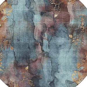HomeRoots 5' Stylish Blue and Gold Floral Washable Area Rug for Indoor and Outdoor Spaces, Easy Care Design 8' Round 623379