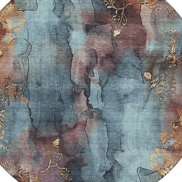 HomeRoots 5' Stylish Blue and Gold Floral Washable Area Rug for Indoor and Outdoor Spaces, Easy Care Design 8' Round 623379