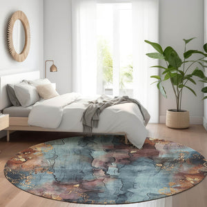 HomeRoots 5' Stylish Blue and Gold Floral Washable Area Rug for Indoor and Outdoor Spaces, Easy Care Design 8' Round 623379