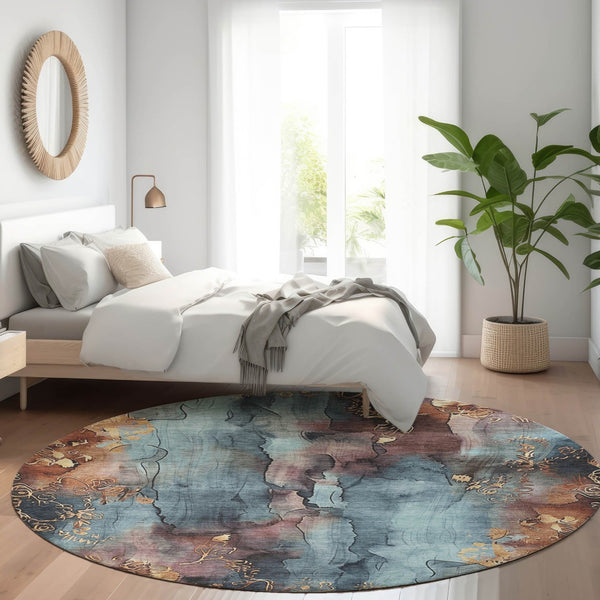 HomeRoots 5' Stylish Blue and Gold Floral Washable Area Rug for Indoor and Outdoor Spaces, Easy Care Design 8' Round 623379