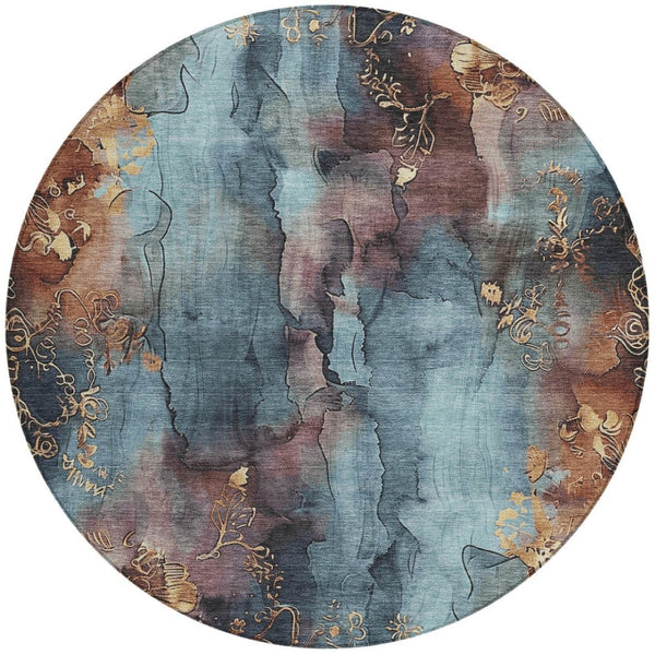 HomeRoots 5' Stylish Blue and Gold Floral Washable Area Rug for Indoor and Outdoor Spaces, Easy Care Design 8' Round 623379
