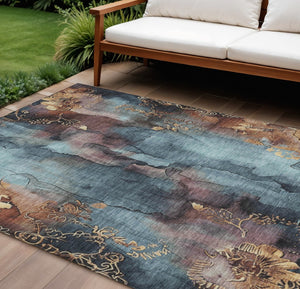 HomeRoots 5' Stylish Blue and Gold Floral Washable Area Rug for Indoor and Outdoor Spaces, Easy Care Design 8' X 10' 623380