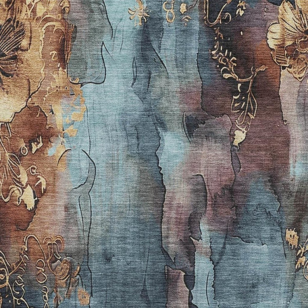 HomeRoots 5' Stylish Blue and Gold Floral Washable Area Rug for Indoor and Outdoor Spaces, Easy Care Design 8' X 10' 623380