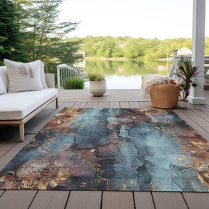 HomeRoots 5' Stylish Blue and Gold Floral Washable Area Rug for Indoor and Outdoor Spaces, Easy Care Design 8' X 10' 623380