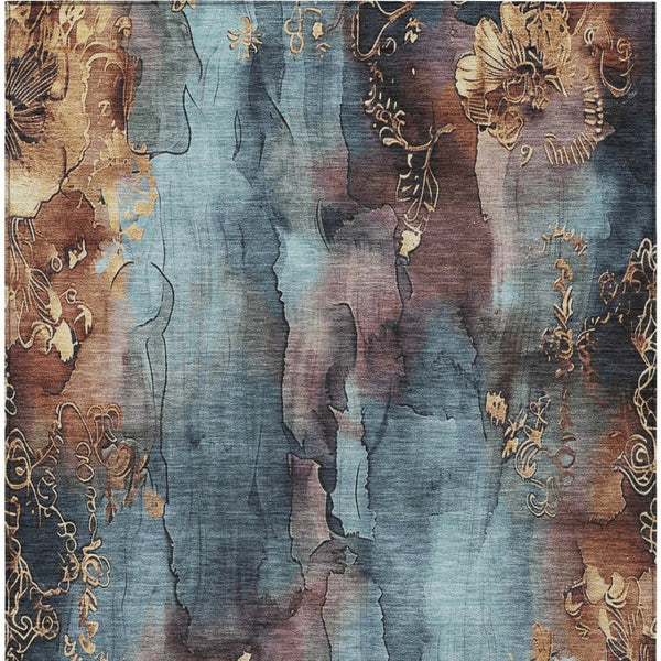 HomeRoots 5' Stylish Blue and Gold Floral Washable Area Rug for Indoor and Outdoor Spaces, Easy Care Design 9' X 12' 623381
