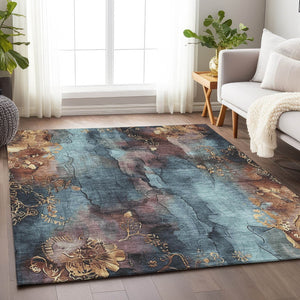 HomeRoots 5' Stylish Blue and Gold Floral Washable Area Rug for Indoor and Outdoor Spaces, Easy Care Design 9' X 12' 623381