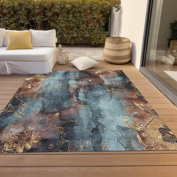 HomeRoots 5' Stylish Blue and Gold Floral Washable Area Rug for Indoor and Outdoor Spaces, Easy Care Design 9' X 12' 623381