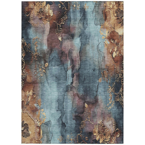 HomeRoots 5' Stylish Blue and Gold Floral Washable Area Rug for Indoor and Outdoor Spaces, Easy Care Design 10' X 14' 623382