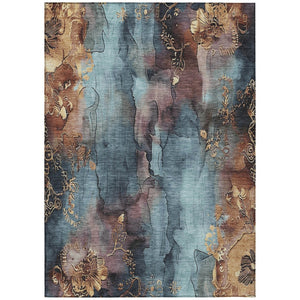 HomeRoots 5' Stylish Blue and Gold Floral Washable Area Rug for Indoor and Outdoor Spaces, Easy Care Design 10' X 14' 623382