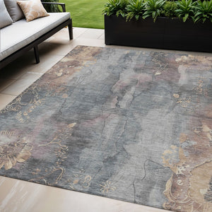 HomeRoots 5' Durable Gray and Beige Floral Area Rug - Washable, Perfect for Indoor or Outdoor Spaces! 5' X 8' 623384