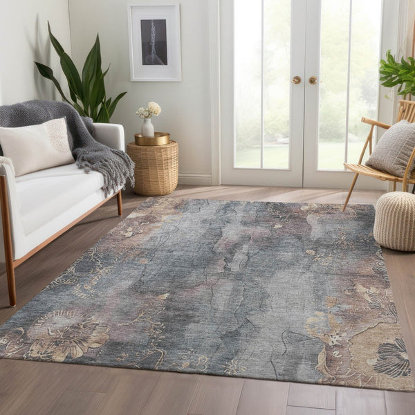 HomeRoots 5' Durable Gray and Beige Floral Area Rug - Washable, Perfect for Indoor or Outdoor Spaces! 5' X 8' 623384