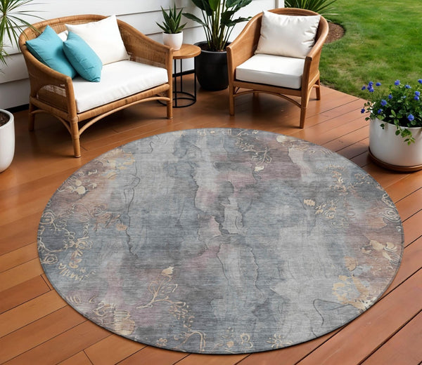HomeRoots 5' Durable Gray and Beige Floral Area Rug - Washable, Perfect for Indoor or Outdoor Spaces! 8' Round 623385