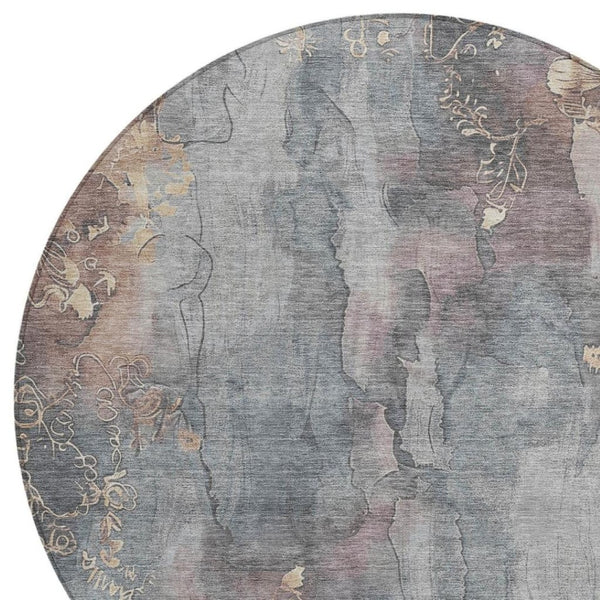 HomeRoots 5' Durable Gray and Beige Floral Area Rug - Washable, Perfect for Indoor or Outdoor Spaces! 8' Round 623385