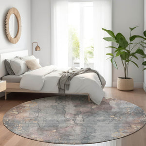 HomeRoots 5' Durable Gray and Beige Floral Area Rug - Washable, Perfect for Indoor or Outdoor Spaces! 8' Round 623385