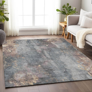 HomeRoots 5' Durable Gray and Beige Floral Area Rug - Washable, Perfect for Indoor or Outdoor Spaces! 9' X 12' 623387