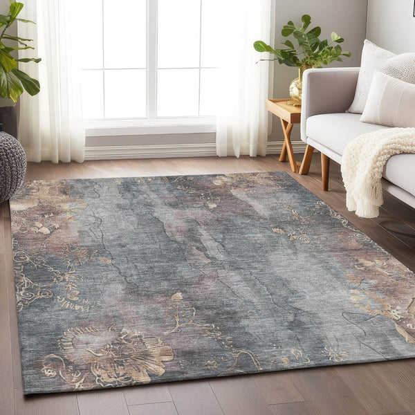 HomeRoots 5' Durable Gray and Beige Floral Area Rug - Washable, Perfect for Indoor or Outdoor Spaces! 9' X 12' 623387