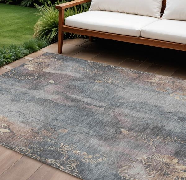 HomeRoots 5' Durable Gray and Beige Floral Area Rug - Washable, Perfect for Indoor or Outdoor Spaces! 10' X 14' 623388