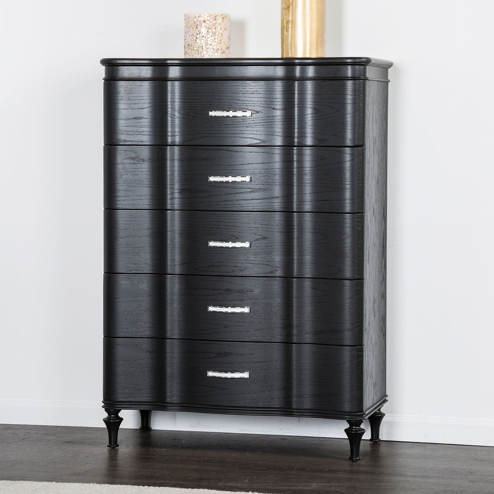 English Elm Glamorous Black 36"W Curved Front Chest with Crystal Acrylic Handles, Turned Legs & Felt Lined Drawer B2741P372231