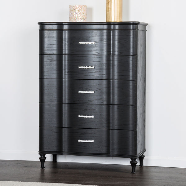 English Elm Glamorous Black 36"W Curved Front Chest with Crystal Acrylic Handles, Turned Legs & Felt Lined Drawer B2741P372231