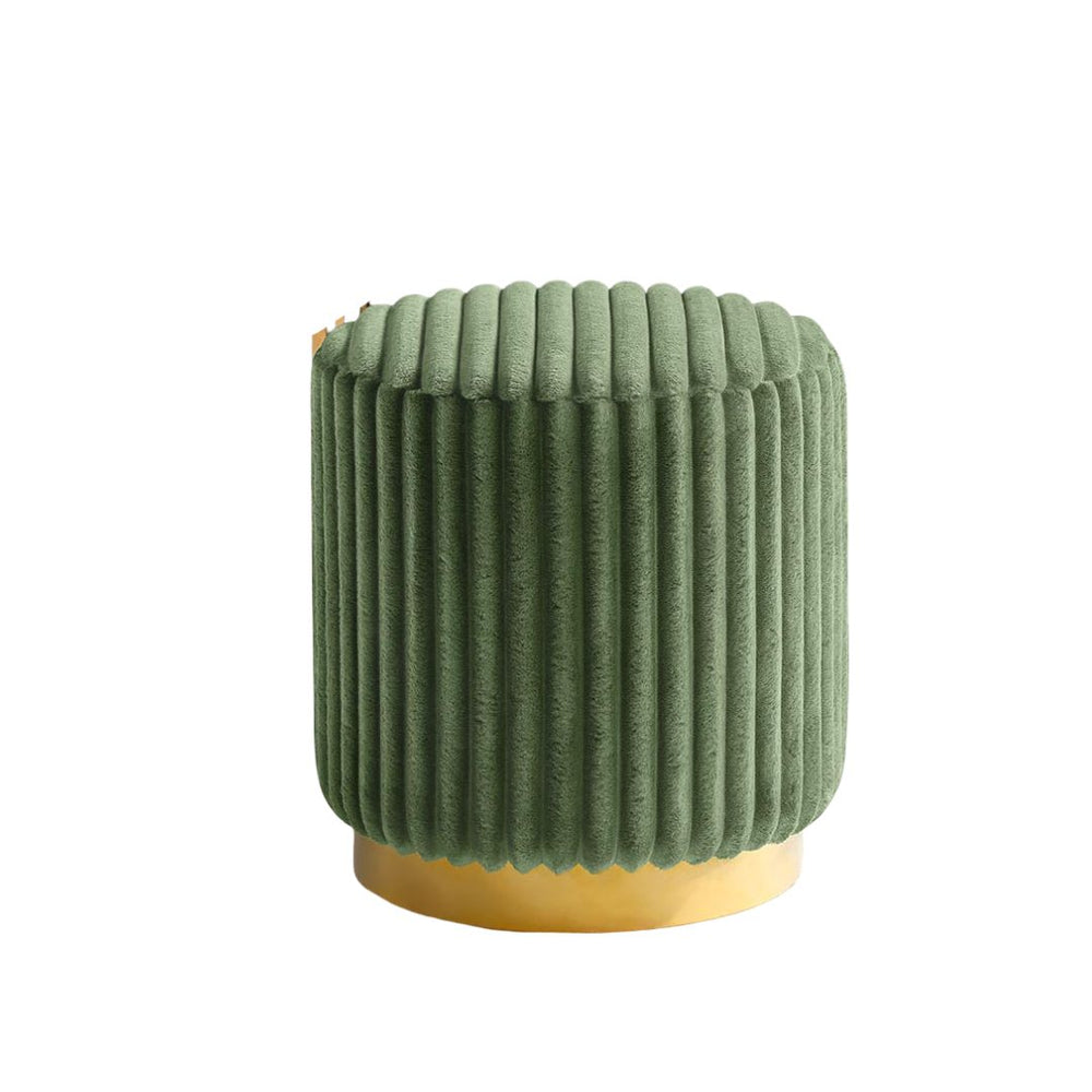 English Elm Green Fur Round Accent Stool 18"H Channel‑Tufted Velvet Look Upholstery Gold Stainless Base Modern Luxe B2741P388369
