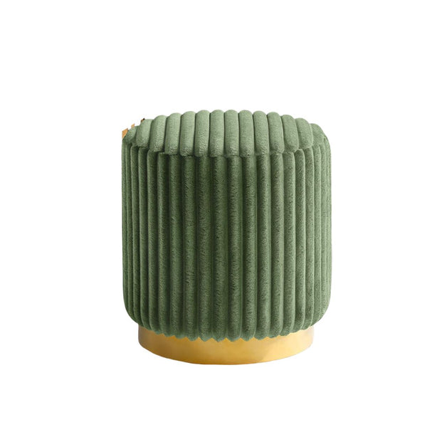 English Elm Green Fur Round Accent Stool 18"H Channel‑Tufted Velvet Look Upholstery Gold Stainless Base Modern Luxe B2741P388369