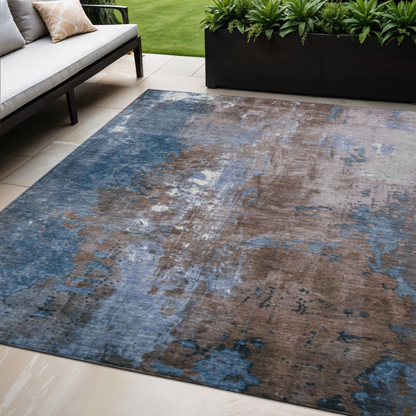 HomeRoots 5' Brown and Blue Abstract Area Rug - Stylish, Washable, Durable Indoor/Outdoor Design for Any Space 5' X 8' 623402