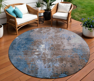 HomeRoots 5' Brown and Blue Abstract Area Rug - Stylish, Washable, Durable Indoor/Outdoor Design for Any Space 8' Round 623403