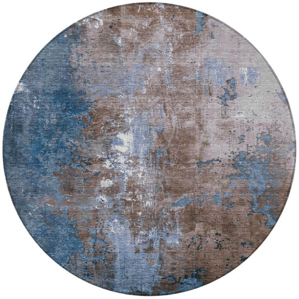 HomeRoots 5' Brown and Blue Abstract Area Rug - Stylish, Washable, Durable Indoor/Outdoor Design for Any Space 8' Round 623403
