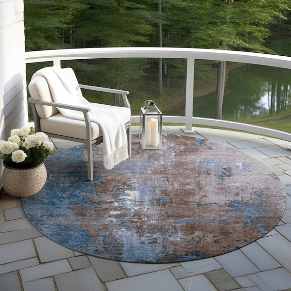 HomeRoots 5' Brown and Blue Abstract Area Rug - Stylish, Washable, Durable Indoor/Outdoor Design for Any Space 8' Round 623403