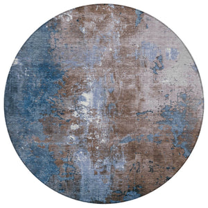 HomeRoots 5' Brown and Blue Abstract Area Rug - Stylish, Washable, Durable Indoor/Outdoor Design for Any Space 8' Round 623403