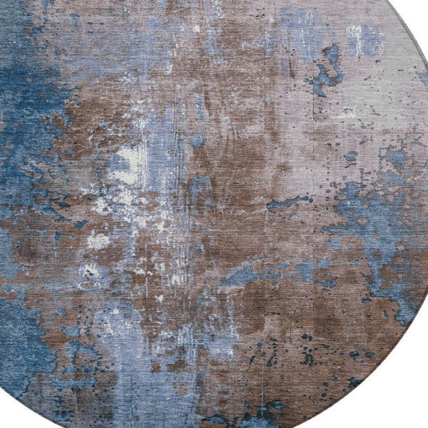 HomeRoots 5' Brown and Blue Abstract Area Rug - Stylish, Washable, Durable Indoor/Outdoor Design for Any Space 8' Round 623403