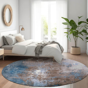HomeRoots 5' Brown and Blue Abstract Area Rug - Stylish, Washable, Durable Indoor/Outdoor Design for Any Space 8' Round 623403