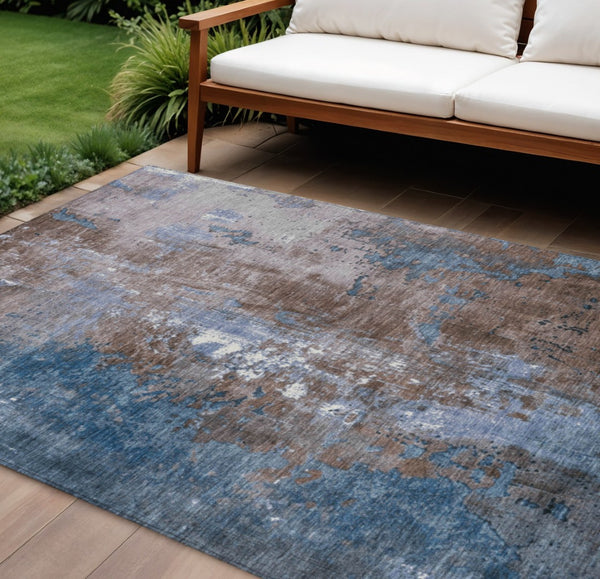 HomeRoots 5' Brown and Blue Abstract Area Rug - Stylish, Washable, Durable Indoor/Outdoor Design for Any Space 8' X 10' 623404
